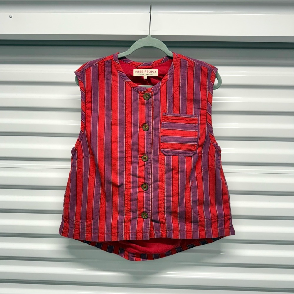Free People Red Purple Striped Button Front Sleeveless Top Cotton